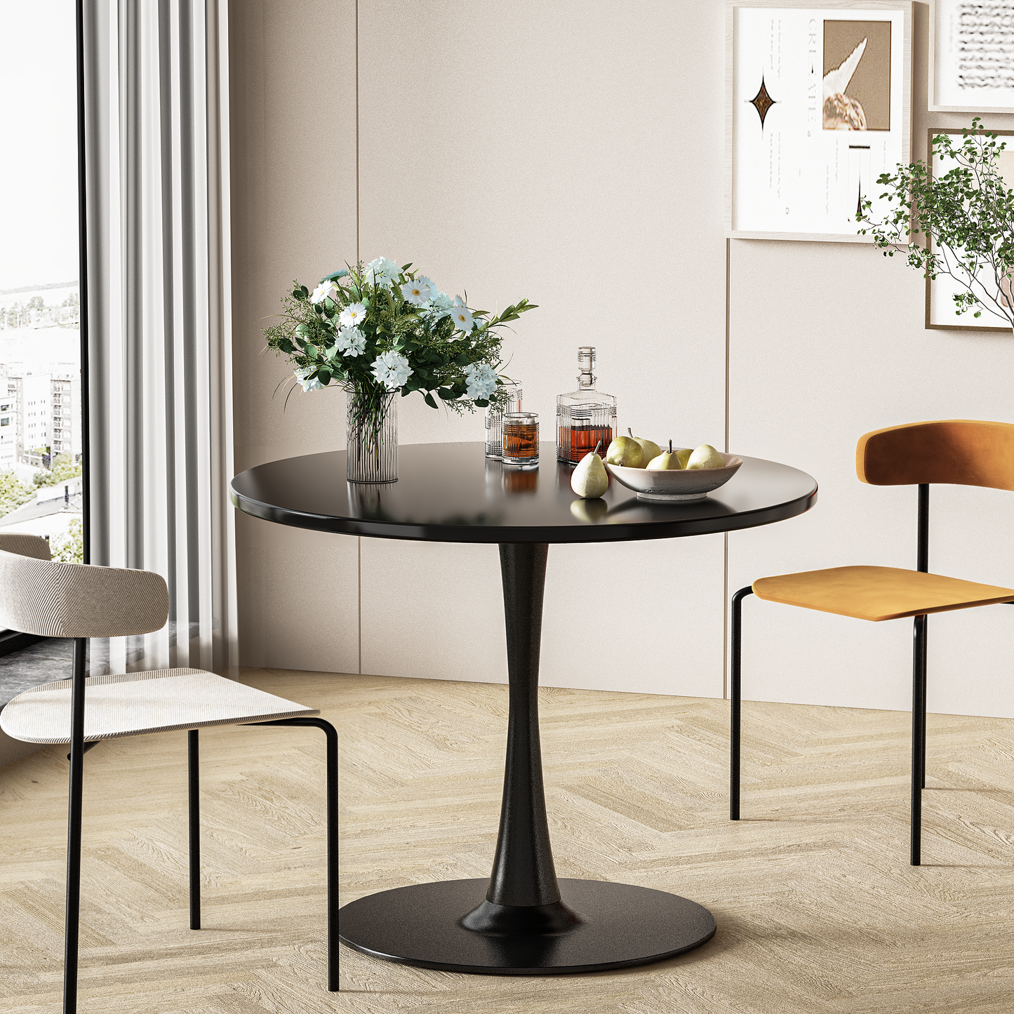 MIERES Round Dining Table, 31.5" Circle Tulip Table with Thickened Tabletop & Metal Pedestal, Mid Century Modern Bistro Table for Kitchen, Small Places, Living Room, Cafe