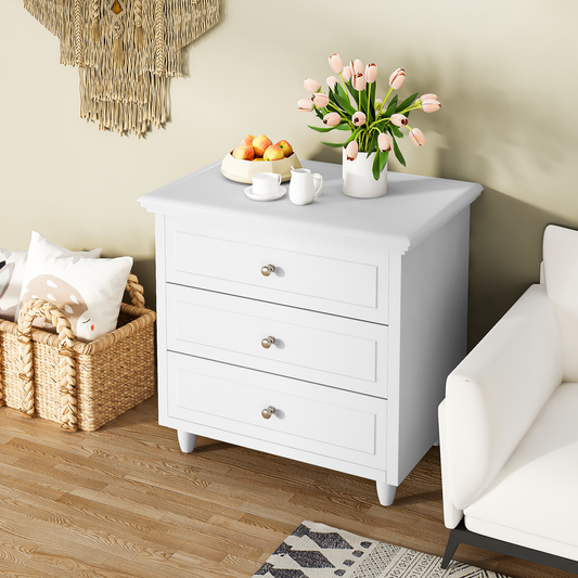 MIERES 3 Drawers Nightstand, with Wood Legs,Modern White Drawers Dresser Bedside Nightstand,Ideal for Bedroom,Living Room, 15.75" D x 21.65" W x 23.6" H,White