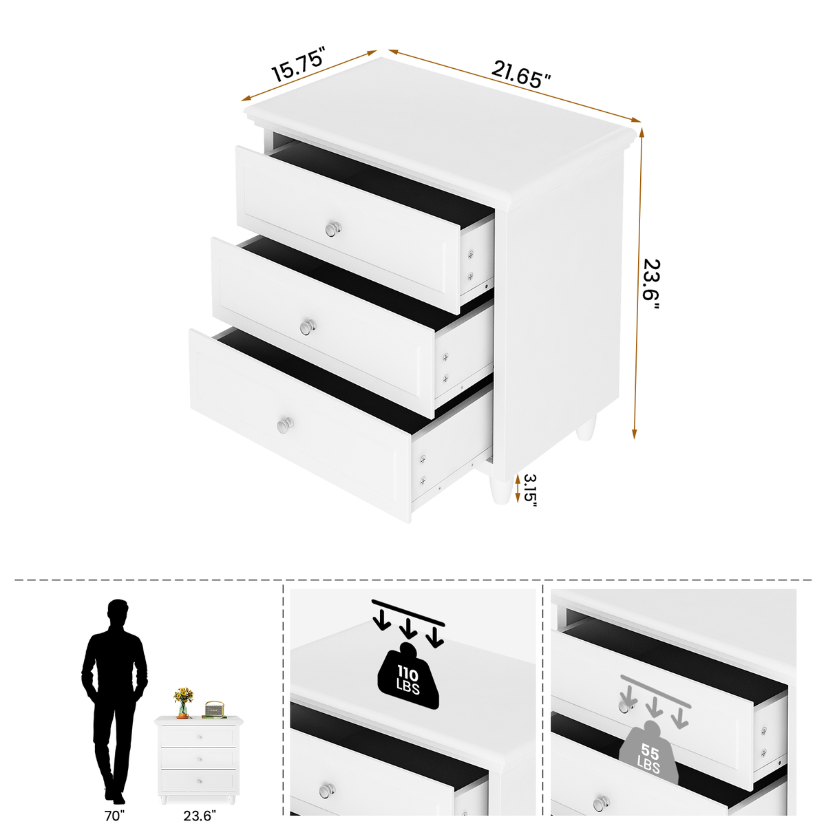 MIERES 3 Drawers Nightstand, with Wood Legs,Modern White Drawers Dresser Bedside Nightstand,Ideal for Bedroom,Living Room, 15.75" D x 21.65" W x 23.6" H,White