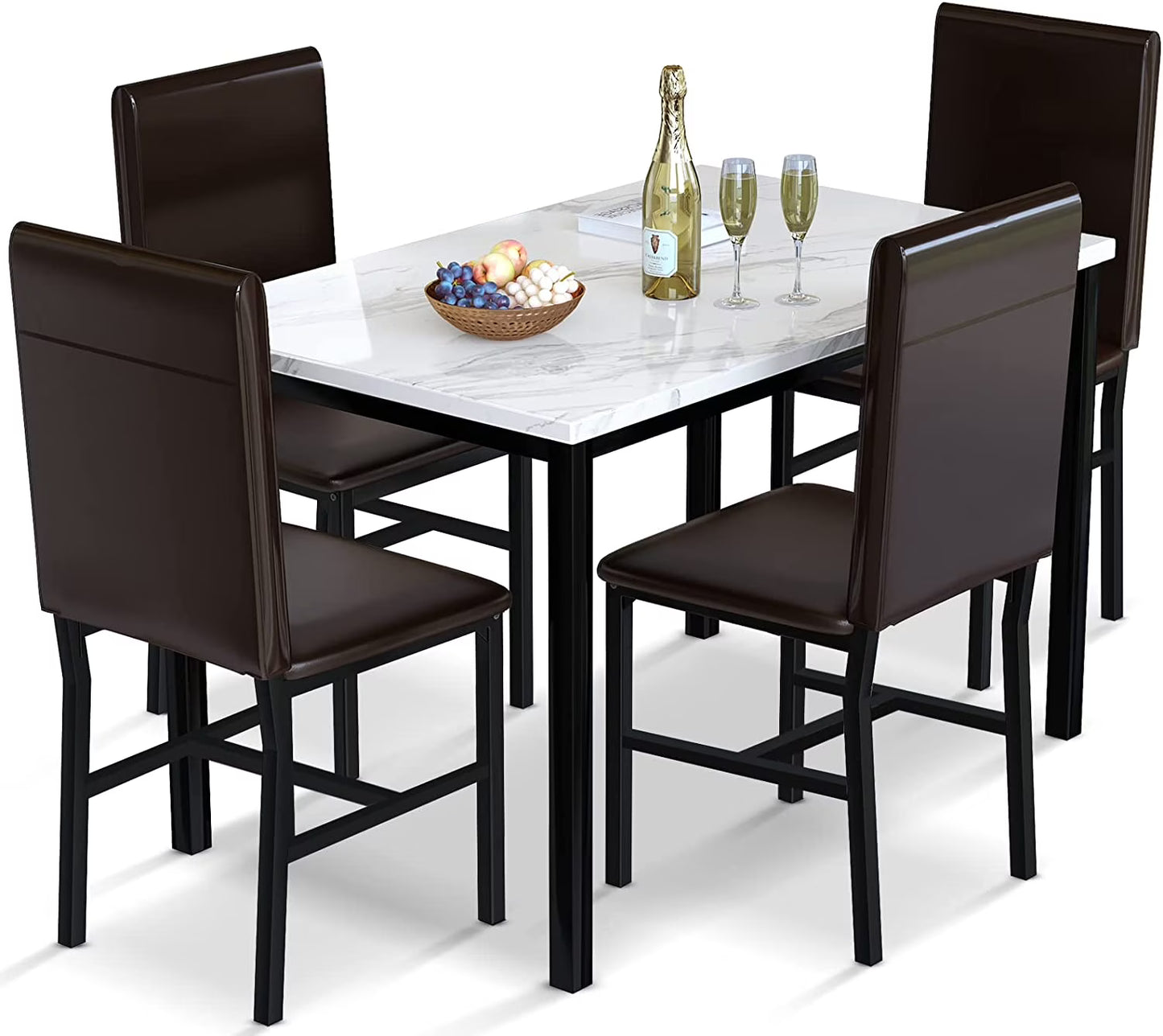 MIERES 5 Piece Dining Table Set for 4,Faux Marble Kitchen Table and Chairs for 4, Modern Dining Room Table with 4 Chairs,Dinner Table Set for Small Spaces, Brown