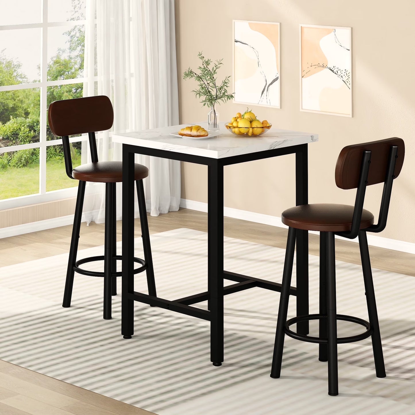 MIERES Square Marble Dining Table Set, 2-Seater Kitchen Dining Set with Two Bar Stools, Compact Dining Table, Brown