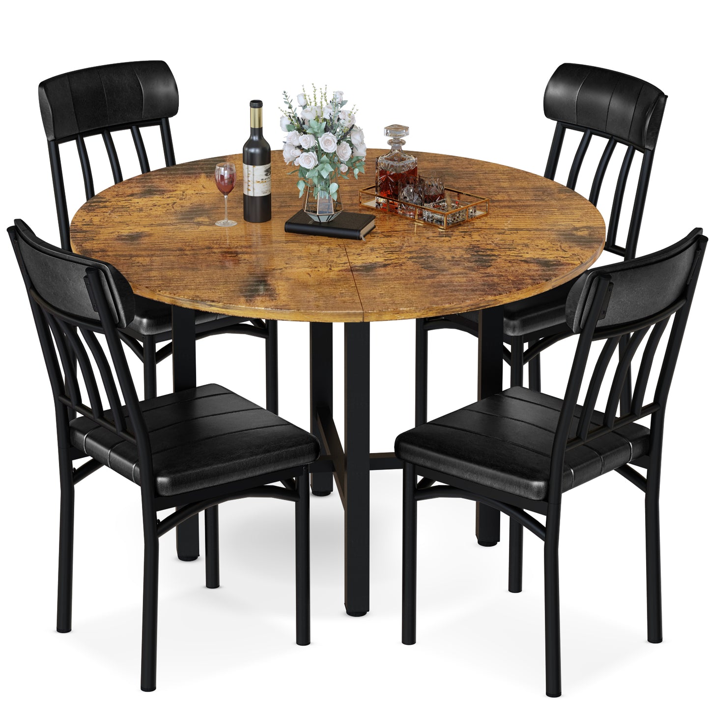 MIERES Round Dining Table Set for 4,Round Kitchen Table and Chairs Set for 4,Modern Dining Room Table Set with 4 Faux Leather Chairs,Round Dinner Table for Small Space,Walnut