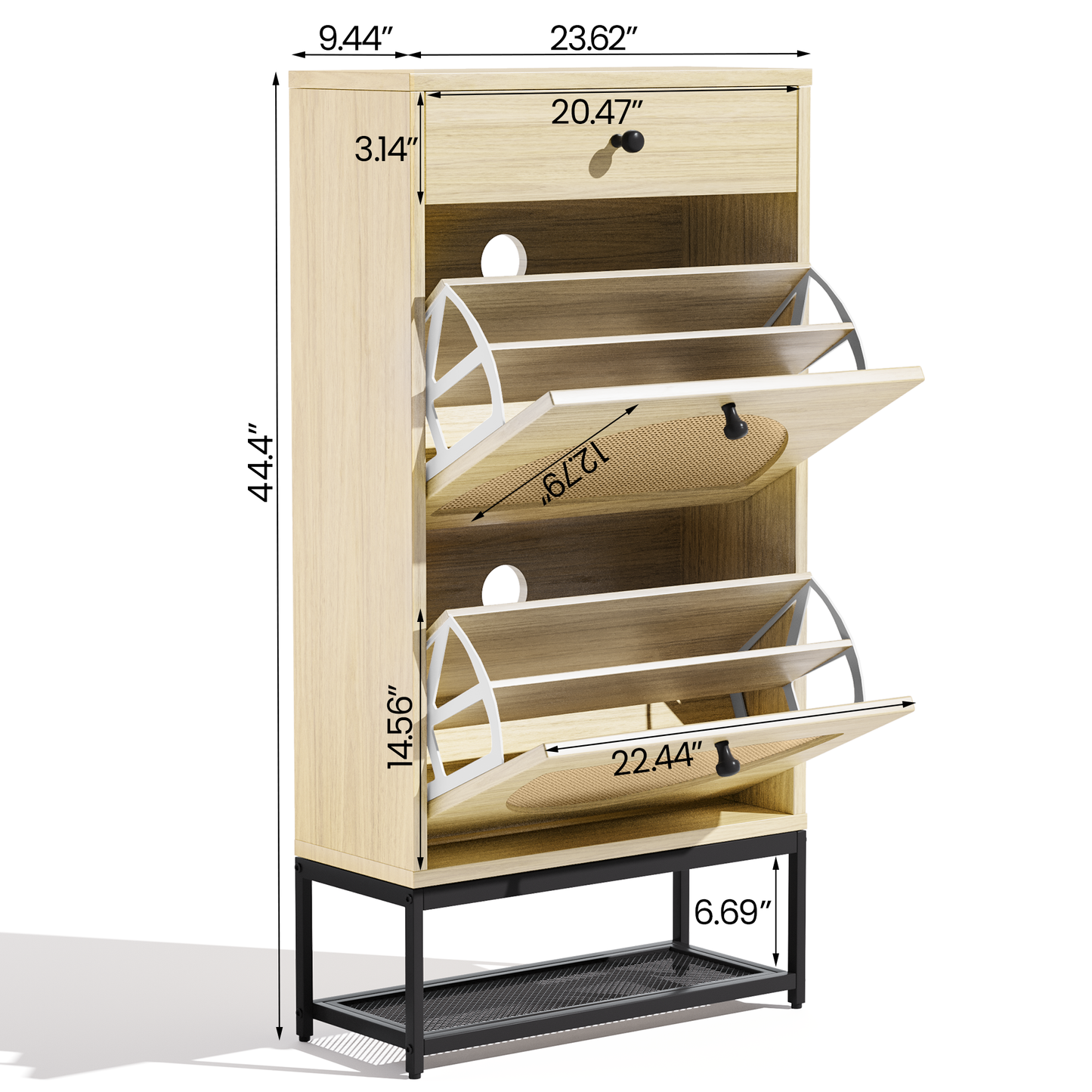 MIERES Natural Rattan Shoe Cabinet with 2 Flip Drawers and 1 Pull Drawer, Slim Shoe Storage Cabinet Entrance Hallway Free Standing Shoe Rack with Metal Frame for Sneaker, Sandal, Boot, Slipper