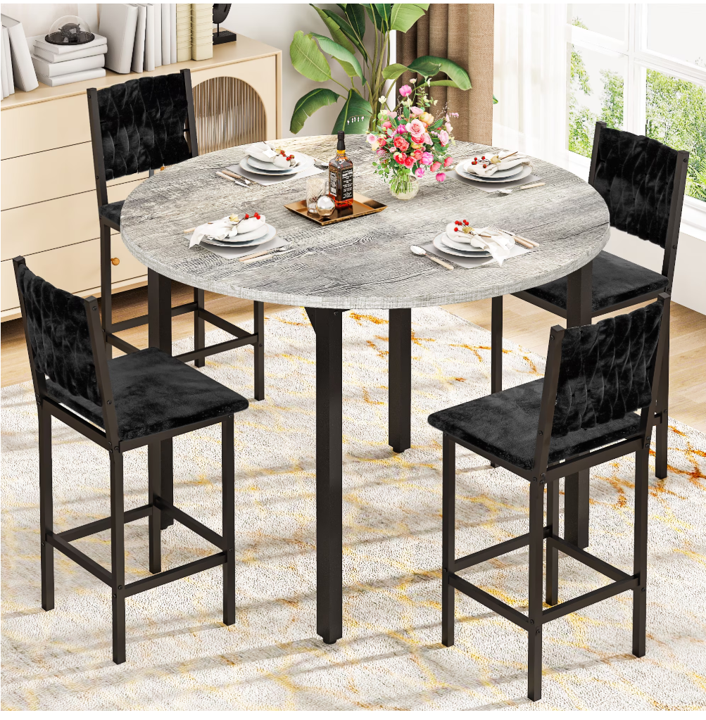MIERES Round Dining Table Set, Modern Farmhouse 4-Piece Kitchen Table with Upholstered Chairs
