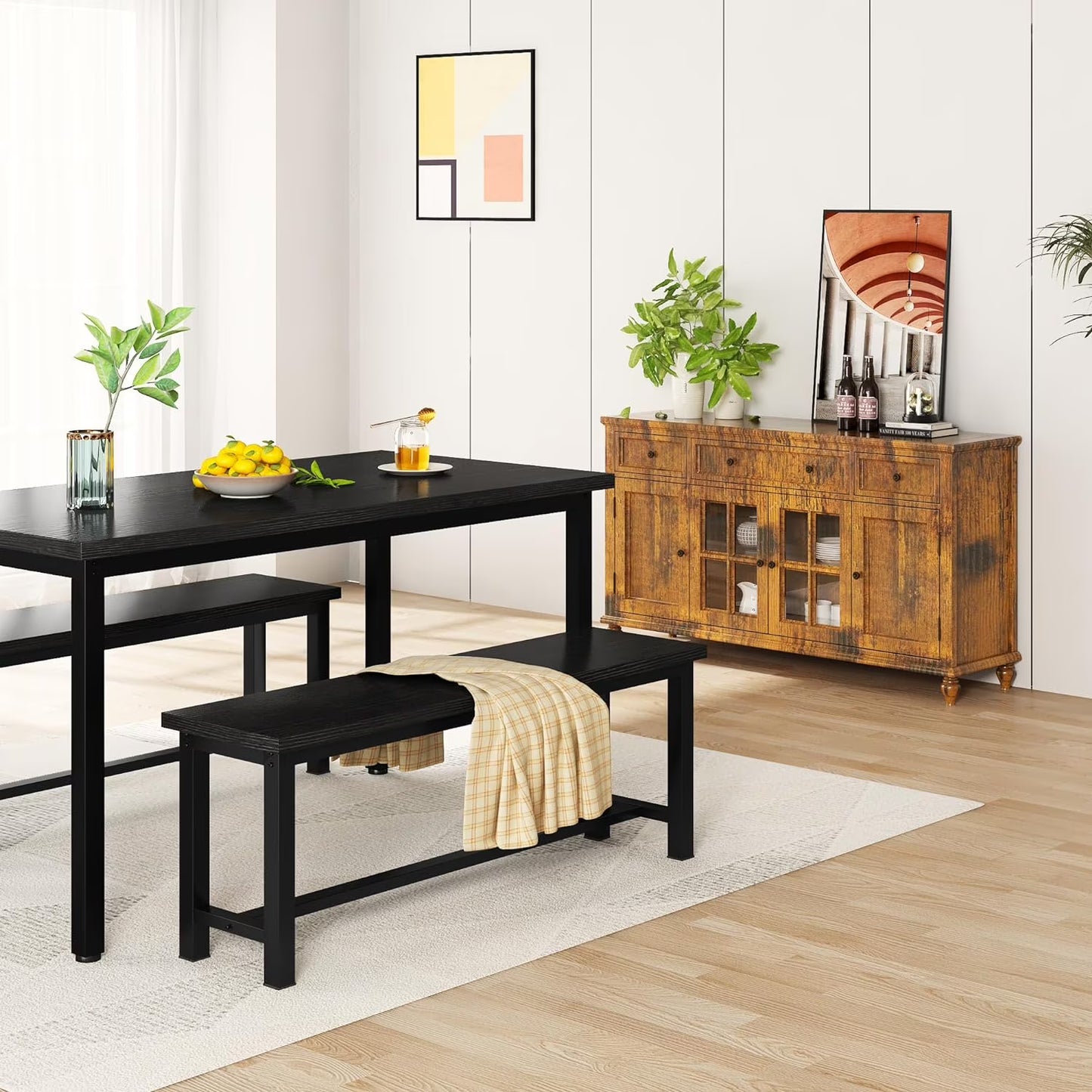 MIERES 2-Piece Dining Table Chair Bench Set, Thickened Steel Frame, Wood Bench, Industrial Style, for Kitchen and Dining Room-Black