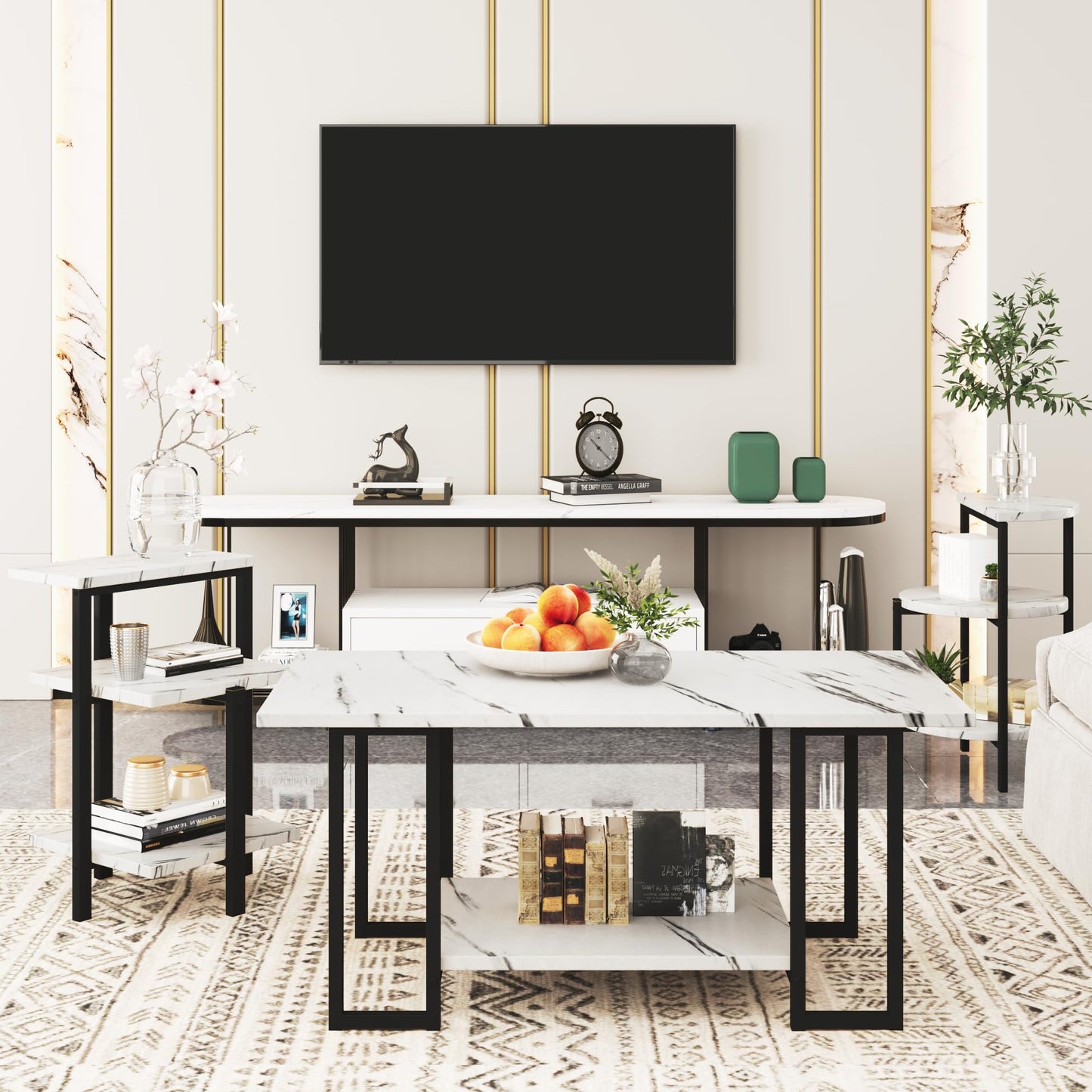 MIERES Coffee Table Set of 3,Rectangle Coffee Table&2 Accent Table,Faux Marble Tabletop,3 Piece Living Room Table Sets with Multi Tier Storage, for Small Space, Apartment,White & Black