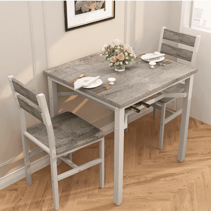 MIERES 2-Person Dining Set: A compact solid wood kitchen table with storage, complete with two chairs—perfect for dining rooms, breakfast nooks, apartments, and small spaces.Gray
