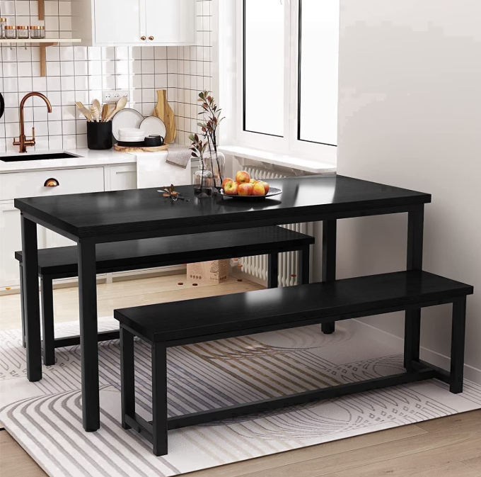 MIERES Kitchen Dining Set, 47-inch Rectangular Solid Wood Dining Table Set, 4-Seater Dining Set with Two Benches, Ideal for Apartments, Kitchens, and Dining Rooms, Black.