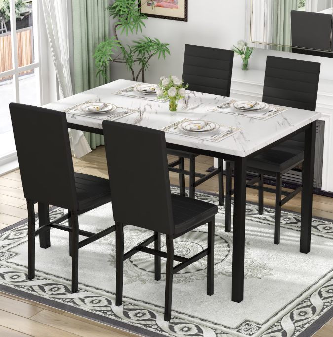 MIERES 5 Piece Dining Table Set, Faux Marble Kitchen Table and Chairs for 4, Dining Room Table Set with 4 PU Leather Chairs, White