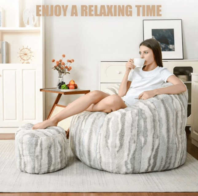 MIERES Striped Adult Bean Bag Chair with Footstool,Premium Memory Foam Filled Lazy Reading Chair,Comfy Indoor Leisure Sofa for Bedroom and Living Room