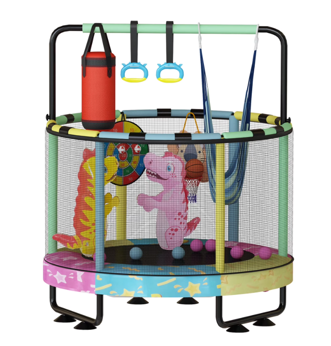 Mieres 55" 7-in-1 Upgraded Kids Trampoline with Swing & Basketball Hoop, Reinforced Safety Design with Adjustable Height & Net for Ages 3-8, 500lbs Capacity, In/Outdoor Play Center