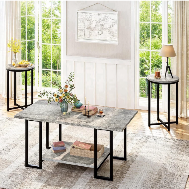 MIERES 3-Piece Coffee Table Set, includes two side tables; rustic-style solid wood coffee table set with metal frame; suitable for living rooms and offices