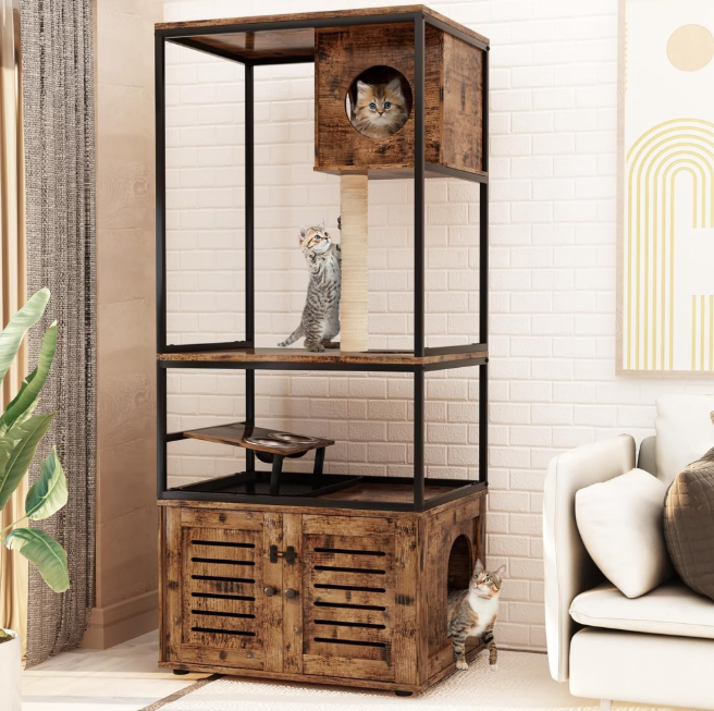 MIERES Large Cat Litter Box Enclosure,3 Level Tree Tower with Elevated Feeding Bowl,Scratching Posts,Hidden Washroom,Kitty Condo,All-in-One Wood Pet House/Cabinet Funiture,Rustic Brown (ALCL-L)