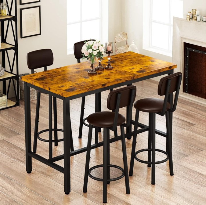 MIERES 35" Counter Height Dining Table Set, Kitchen Counter Height Table & 4 PU Leather Upholstered Stools with Backrest Space-Saving Dining Room Table Set for Small Space