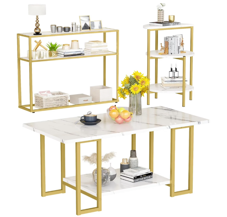 MIERES 3 Pieces Coffee Table Set, Faux Marble Living Room Table Sets with End Table and Console Table, Table and Side Tables Set with Storage Shelves,White&Gold