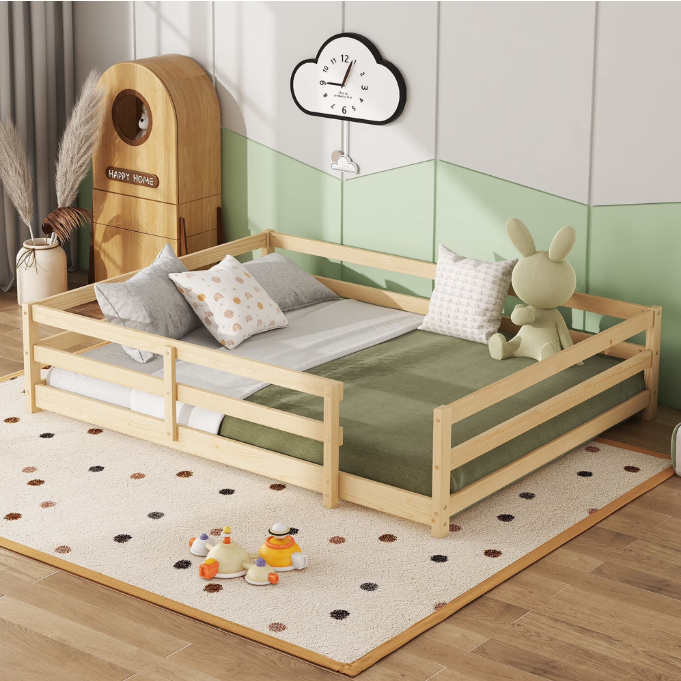 Mieres Full Size Montessori Floor Bed with Fence, Wooden Bed Frame with 15.7" Guardrails, No Box Spring Needed, Sturdy Pine Wood Bed
