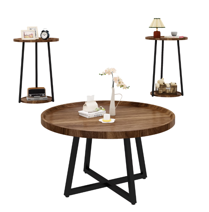 MIERES Coffee Table and End Table Sets, Round Coffee Table Set & 2 End Side Tables, Easy Assembly Vintage Living Room Table Set of 3, Suitable for Offices, Living Rooms and Apartments