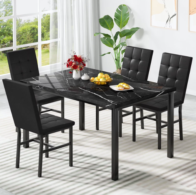 MIERES Marble Dining Table Set for 4, Faux Marble Kitchen Table and Chairs Set, Rectangle Dining Table with 4 Leather Dining Chairs, 5 Pieces Dinette Sets for Breakfast Nook, Apartment
