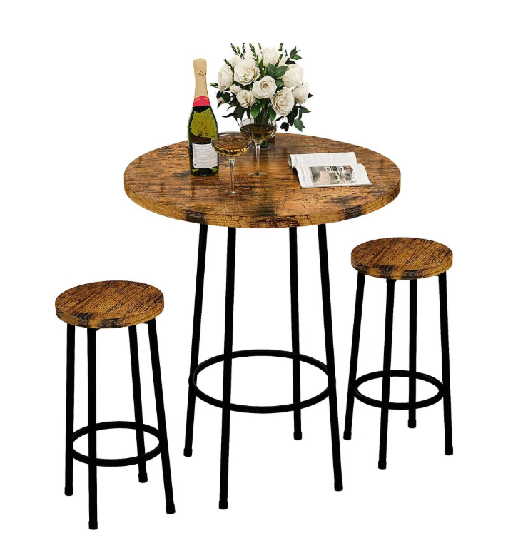 MIERES 3 Piece Pub Dining Set, Modern Round bar Table and Stools for 2 Kitchen Counter Height Wood Top Bistro Easy Assemble for Breakfast Nook Living Room Small Space Restaurant