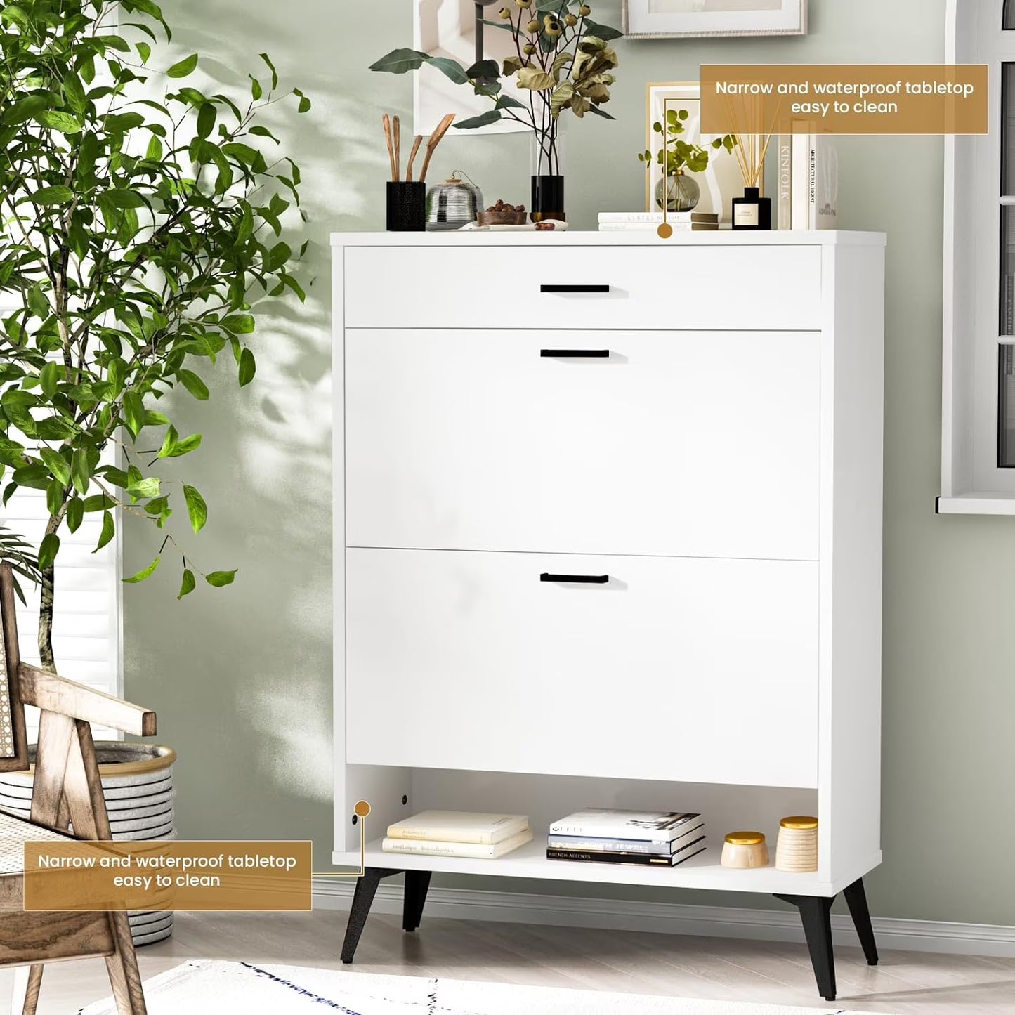 MIERES Shoe Storage Cabinet for Entryway, Free Standing Shoe Organizer with 2 Flip Drawers，Hidden Shoe Rack Storage Organizer for Doorway Hallway Closet, White
