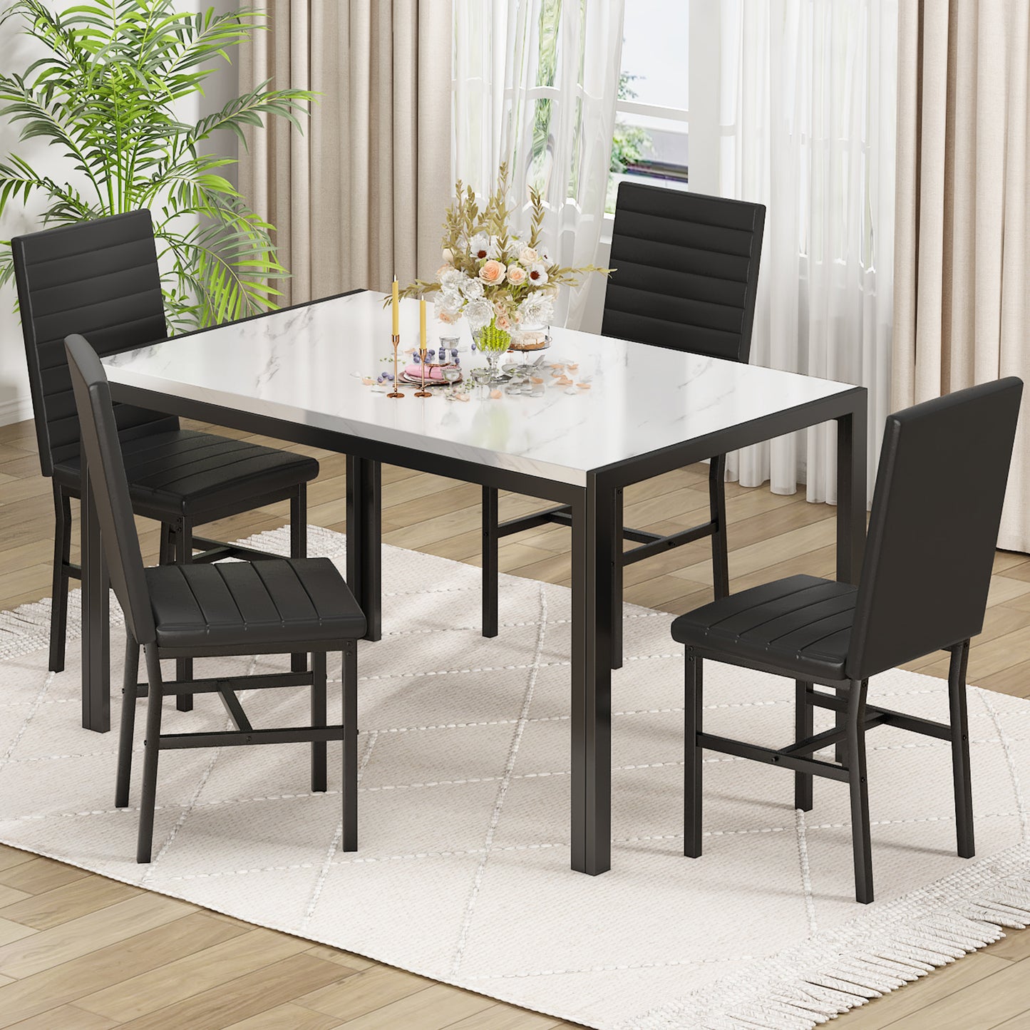 MIERES 4-Piece Dining Table Set for 4 - Faux Marble Kitchen Table with 4 PU Leather Chairs, Metal Frame, Easy Assembly, Small Space Friendly, Modern White & Black Dining Room Set