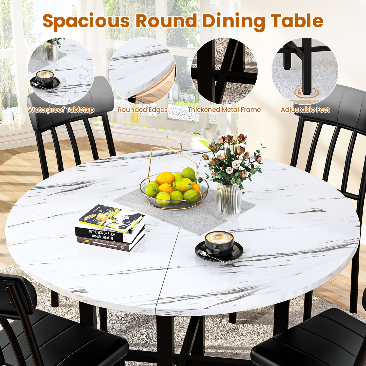 MIERES Round Dining Table Set for 4,Round Kitchen Table and Chairs Set for 4,Modern Dining Room Table Set with 4 Faux Leather Chairs,Round Dinner Table for Small Space,Walnut