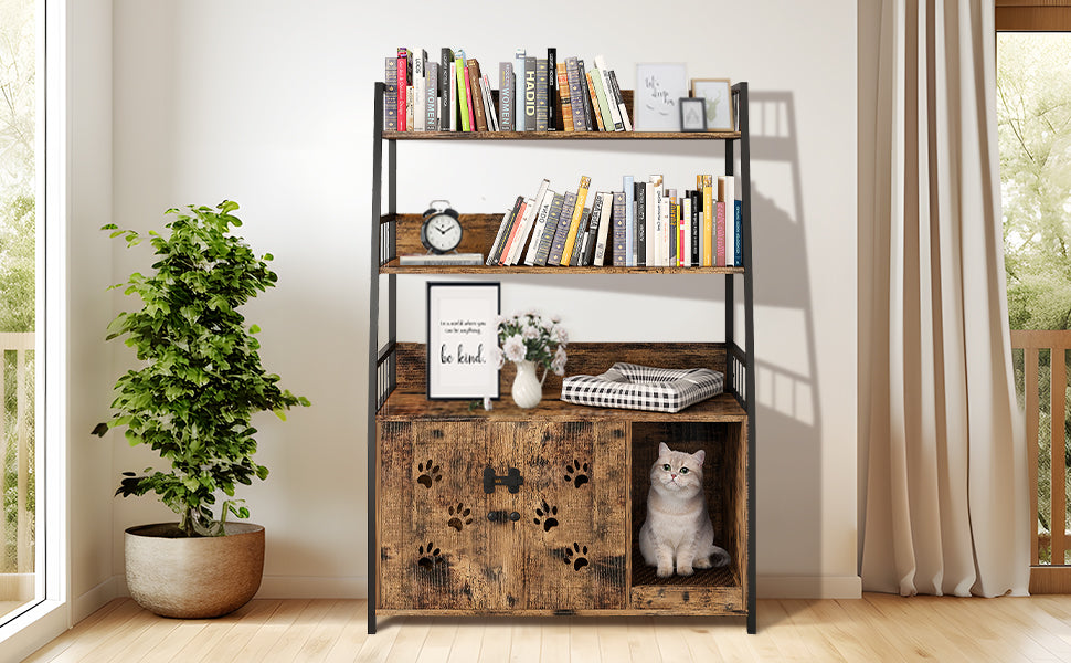 MIERES Large Cat Litter Box Enclosure with Shelf Storage, Hidden Cat Washroom Furniture, Wooden Cat House with Scratch Pad, Sturdy Indoor Cat Cabinet with 2 Doors, Rustic Brown