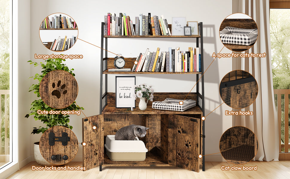 MIERES Large Cat Litter Box Enclosure with Shelf Storage, Hidden Cat Washroom Furniture, Wooden Cat House with Scratch Pad, Sturdy Indoor Cat Cabinet with 2 Doors, Rustic Brown