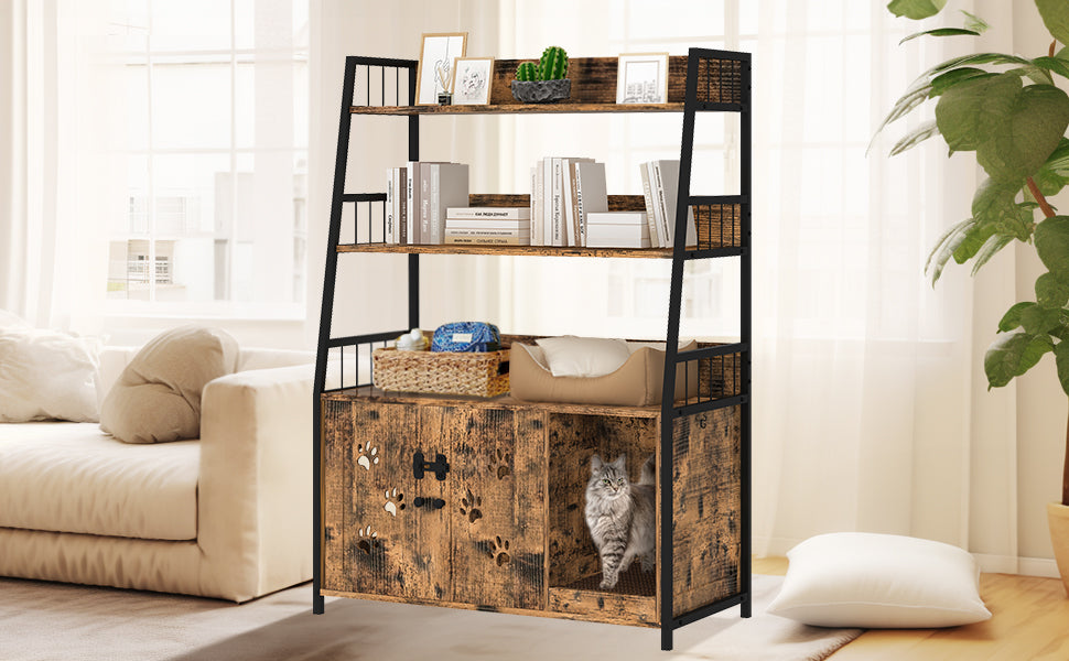 MIERES Large Cat Litter Box Enclosure with Shelf Storage, Hidden Cat Washroom Furniture, Wooden Cat House with Scratch Pad, Sturdy Indoor Cat Cabinet with 2 Doors, Rustic Brown