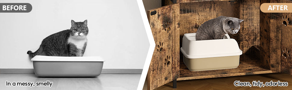 MIERES Large Cat Litter Box Enclosure with Shelf Storage, Hidden Cat Washroom Furniture, Wooden Cat House with Scratch Pad, Sturdy Indoor Cat Cabinet with 2 Doors, Rustic Brown
