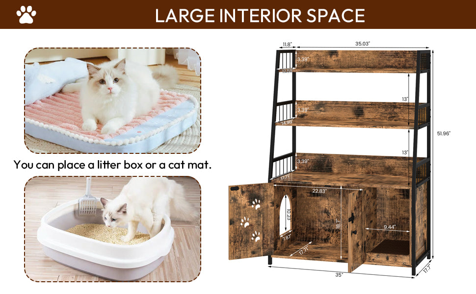 MIERES Large Cat Litter Box Enclosure with Shelf Storage, Hidden Cat Washroom Furniture, Wooden Cat House with Scratch Pad, Sturdy Indoor Cat Cabinet with 2 Doors, Rustic Brown