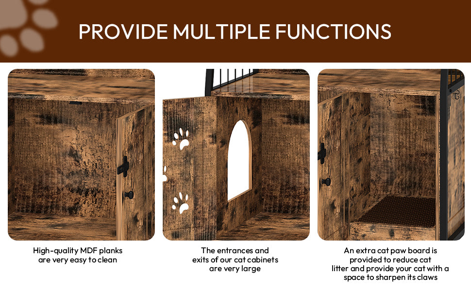 MIERES Large Cat Litter Box Enclosure with Shelf Storage, Hidden Cat Washroom Furniture, Wooden Cat House with Scratch Pad, Sturdy Indoor Cat Cabinet with 2 Doors, Rustic Brown