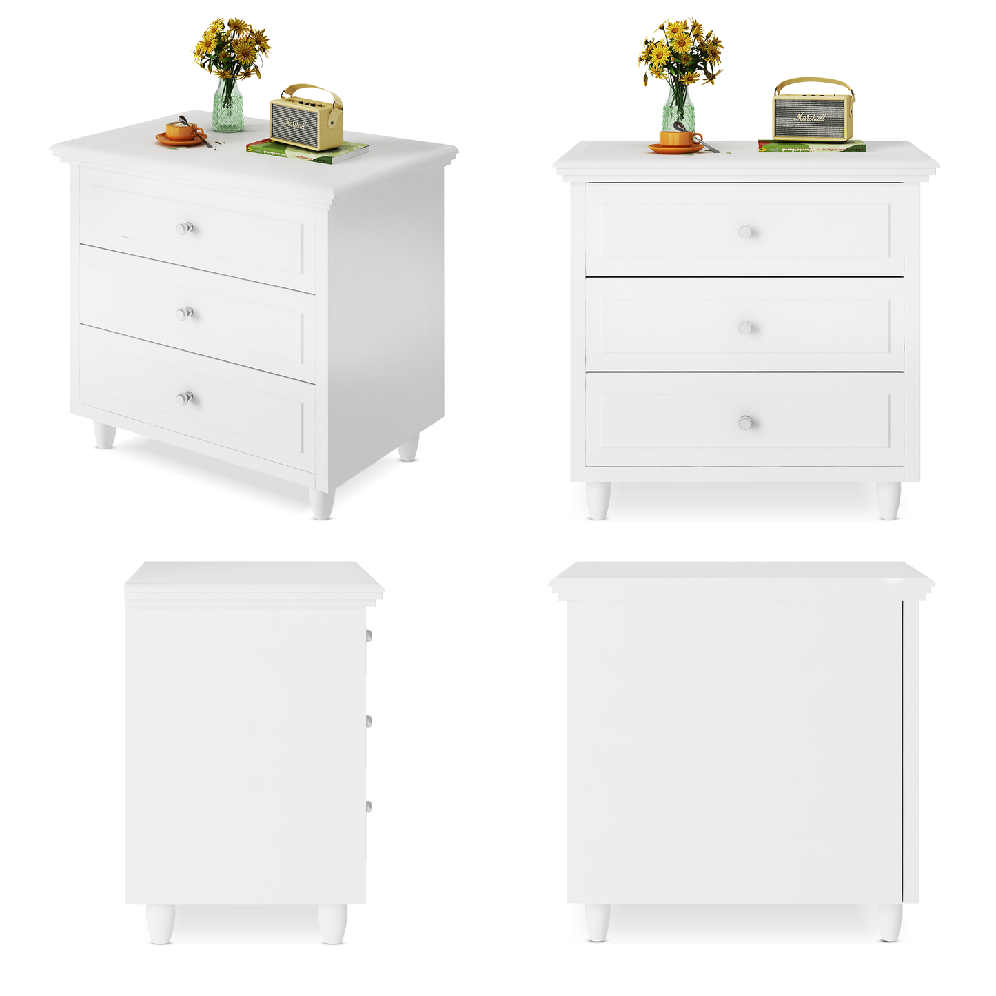 MIERES 3 Drawers Nightstand, with Wood Legs,Modern White Drawers Dresser Bedside Nightstand,Ideal for Bedroom,Living Room, 15.75" D x 21.65" W x 23.6" H,White