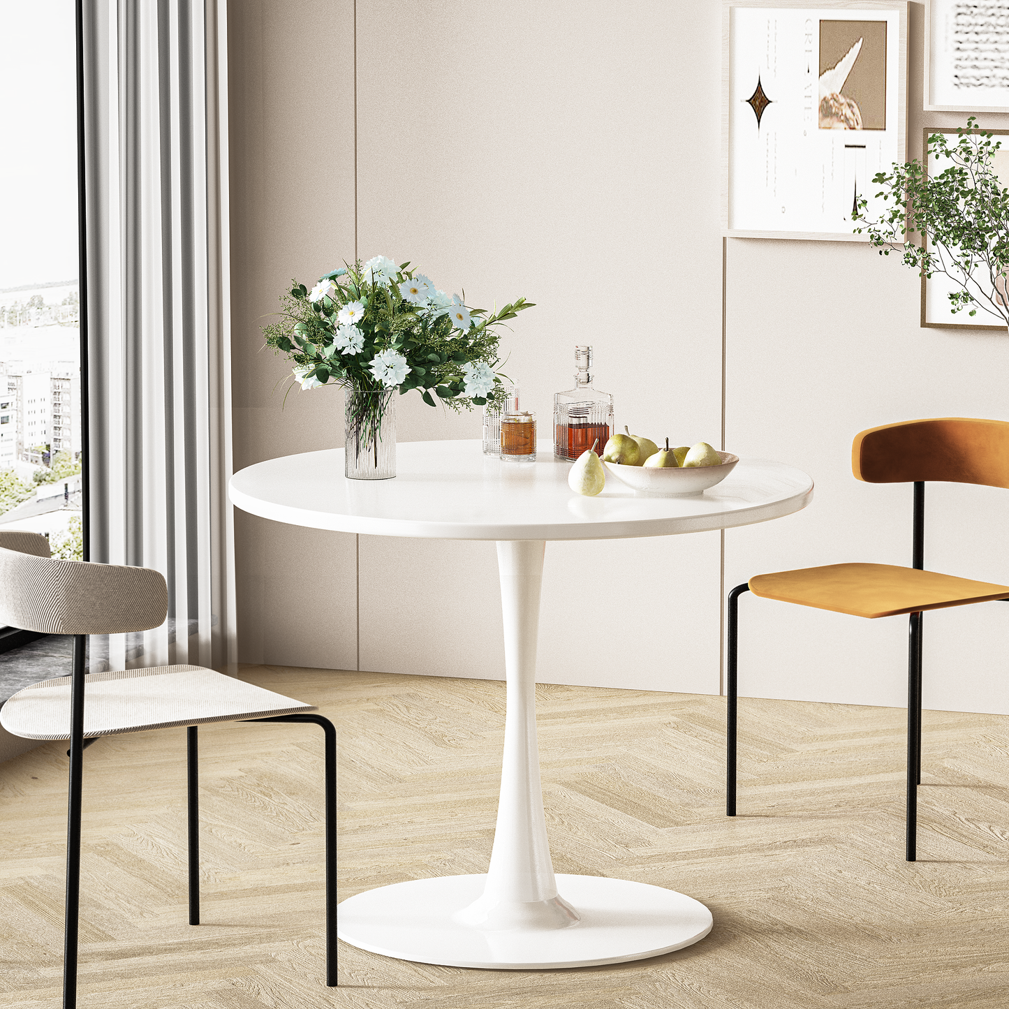 MIERES Round Dining Table, 31.5" Circle Tulip Table with Thickened Tabletop & Metal Pedestal, Mid Century Modern Bistro Table for Kitchen, Small Places, Living Room, Cafe
