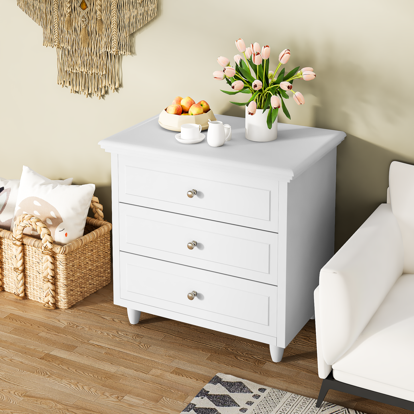 MIERES 3 Drawers Nightstand, with Wood Legs,Modern White Drawers Dresser Bedside Nightstand,Ideal for Bedroom,Living Room, 15.75" D x 21.65" W x 23.6" H,White