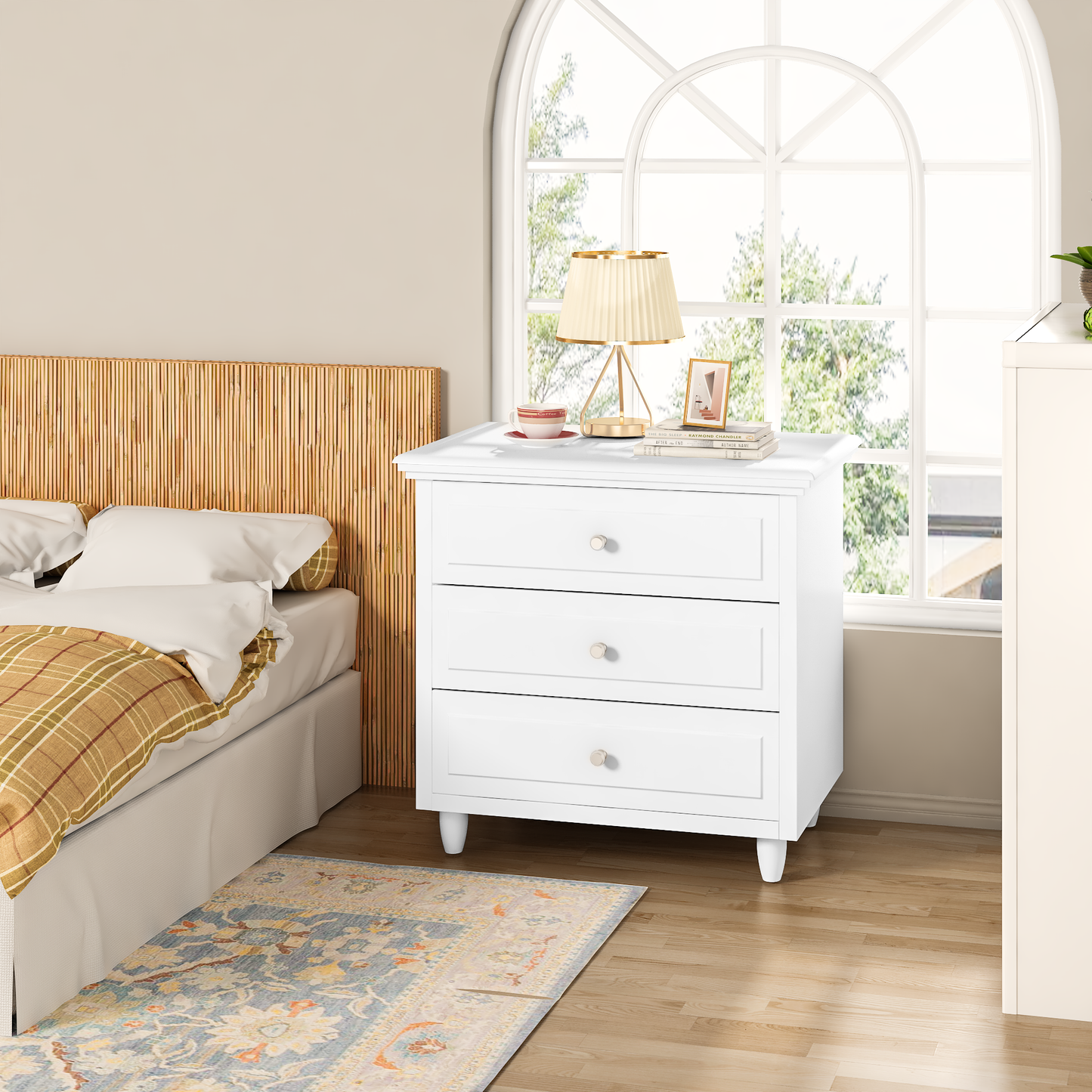 MIERES 3 Drawers Nightstand, with Wood Legs,Modern White Drawers Dresser Bedside Nightstand,Ideal for Bedroom,Living Room, 15.75" D x 21.65" W x 23.6" H,White