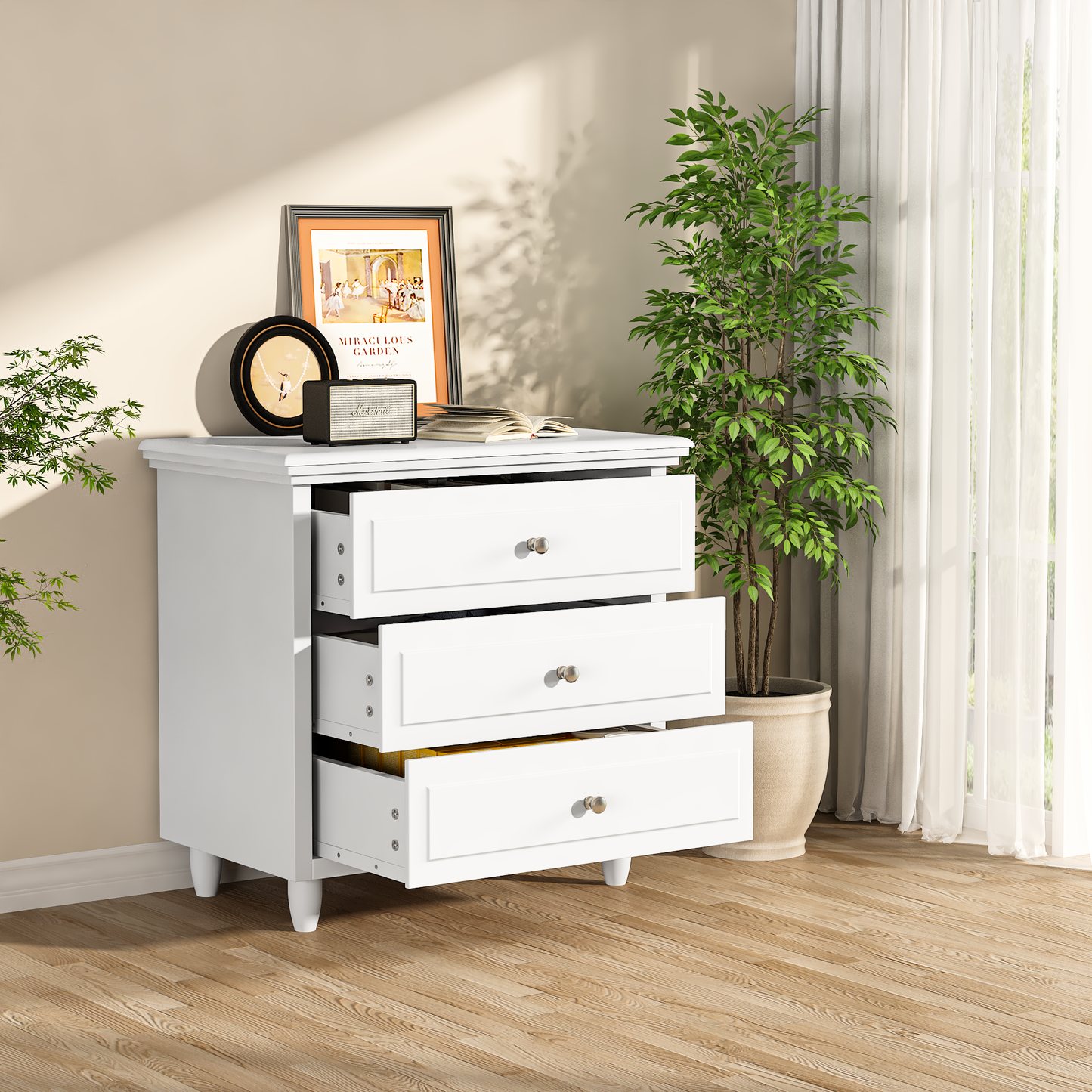 MIERES 3 Drawers Nightstand, with Wood Legs,Modern White Drawers Dresser Bedside Nightstand,Ideal for Bedroom,Living Room, 15.75" D x 21.65" W x 23.6" H,White