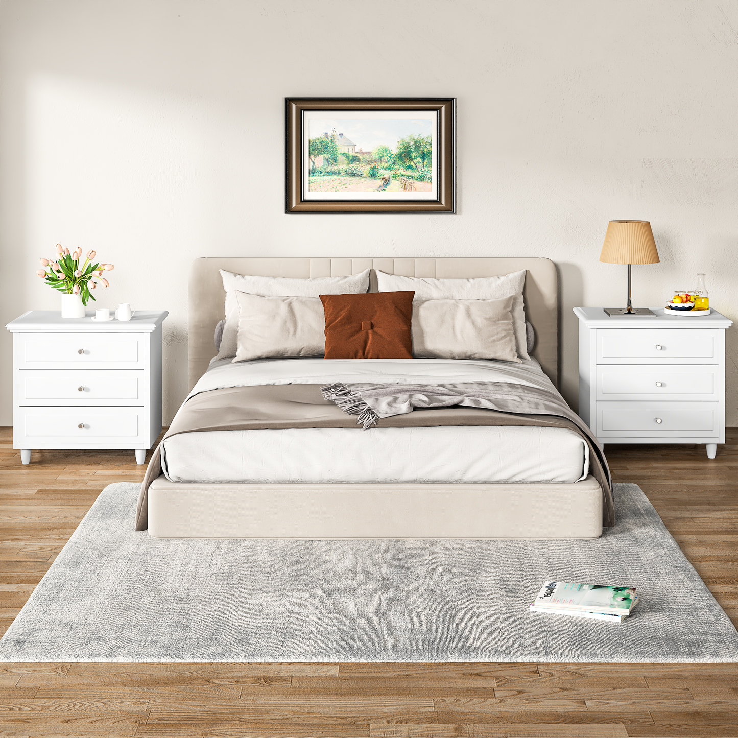 MIERES 3 Drawers Nightstand, with Wood Legs,Modern White Drawers Dresser Bedside Nightstand,Ideal for Bedroom,Living Room, 15.75" D x 21.65" W x 23.6" H,White
