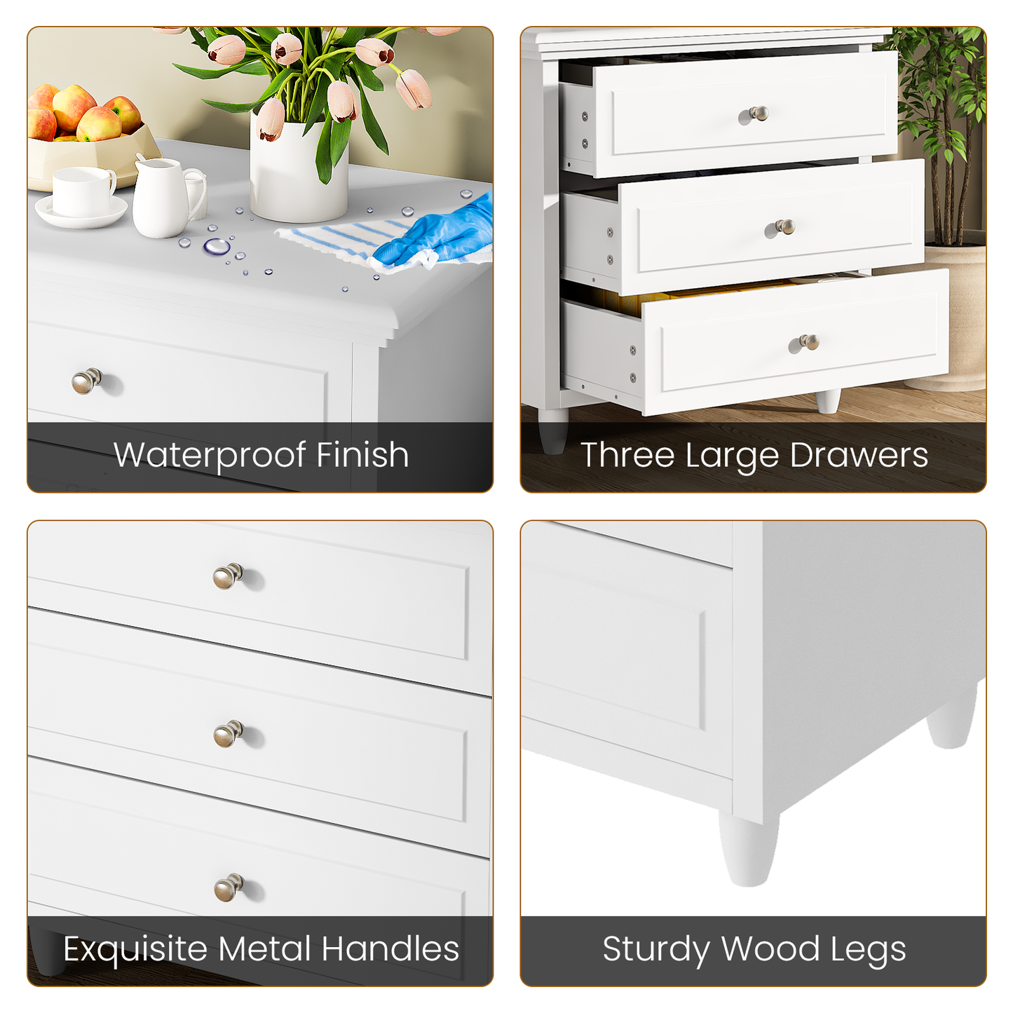 MIERES 3 Drawers Nightstand, with Wood Legs,Modern White Drawers Dresser Bedside Nightstand,Ideal for Bedroom,Living Room, 15.75" D x 21.65" W x 23.6" H,White