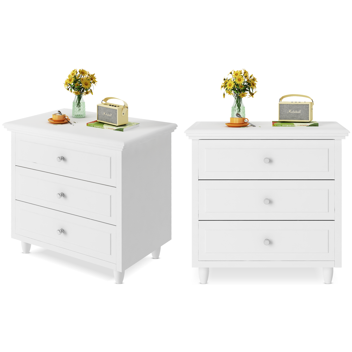 MIERES 3 Drawers Nightstand, with Wood Legs,Modern White Drawers Dresser Bedside Nightstand,Ideal for Bedroom,Living Room, 15.75" D x 21.65" W x 23.6" H,White