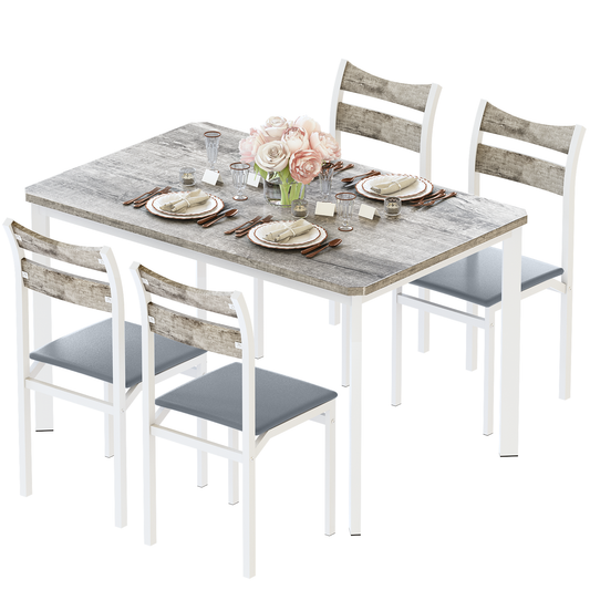 MIERES 5-Piece 4-Person Dining Set, Gray-White Wood-Grain Kitchen Dining Set with PU Leather Upholstered Chairs, Modern Wooden Kitchen Dining Set - Gray