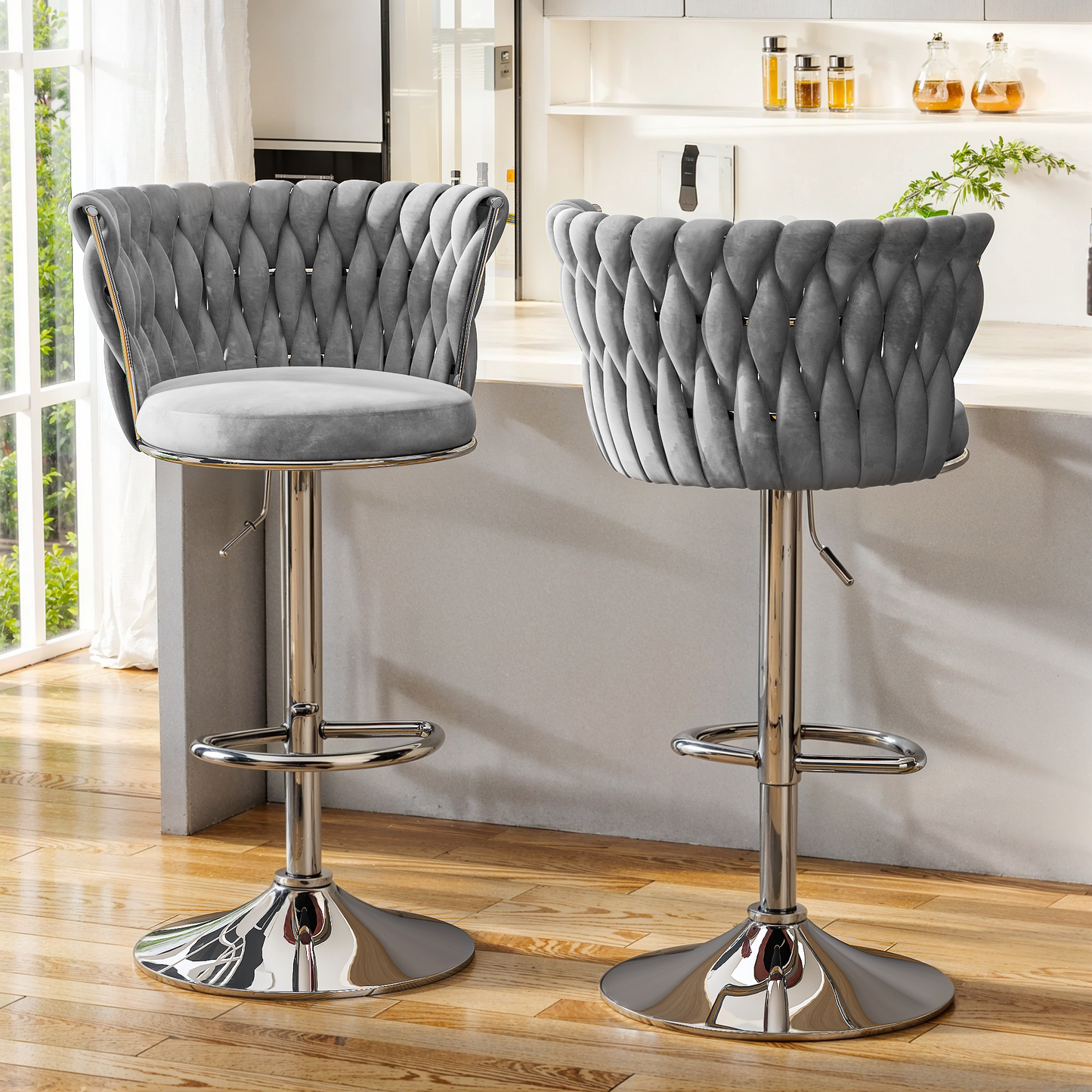 Mieres Velvet Bar Stools Set of 2/4, Adjustable Height Swivel Pub Chairs with Woven Back, Counter Height Dining Chairs with Footrest, 360° Rotating Kitchen Island Stools for Home & Bar