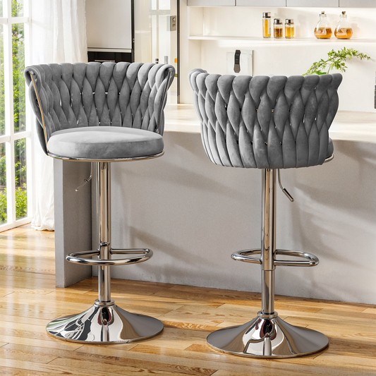 Mieres Velvet Bar Stools Set of 2/4, Adjustable Height Swivel Pub Chairs with Woven Back, Counter Height Dining Chairs with Footrest, 360° Rotating Kitchen Island Stools for Home & Bar