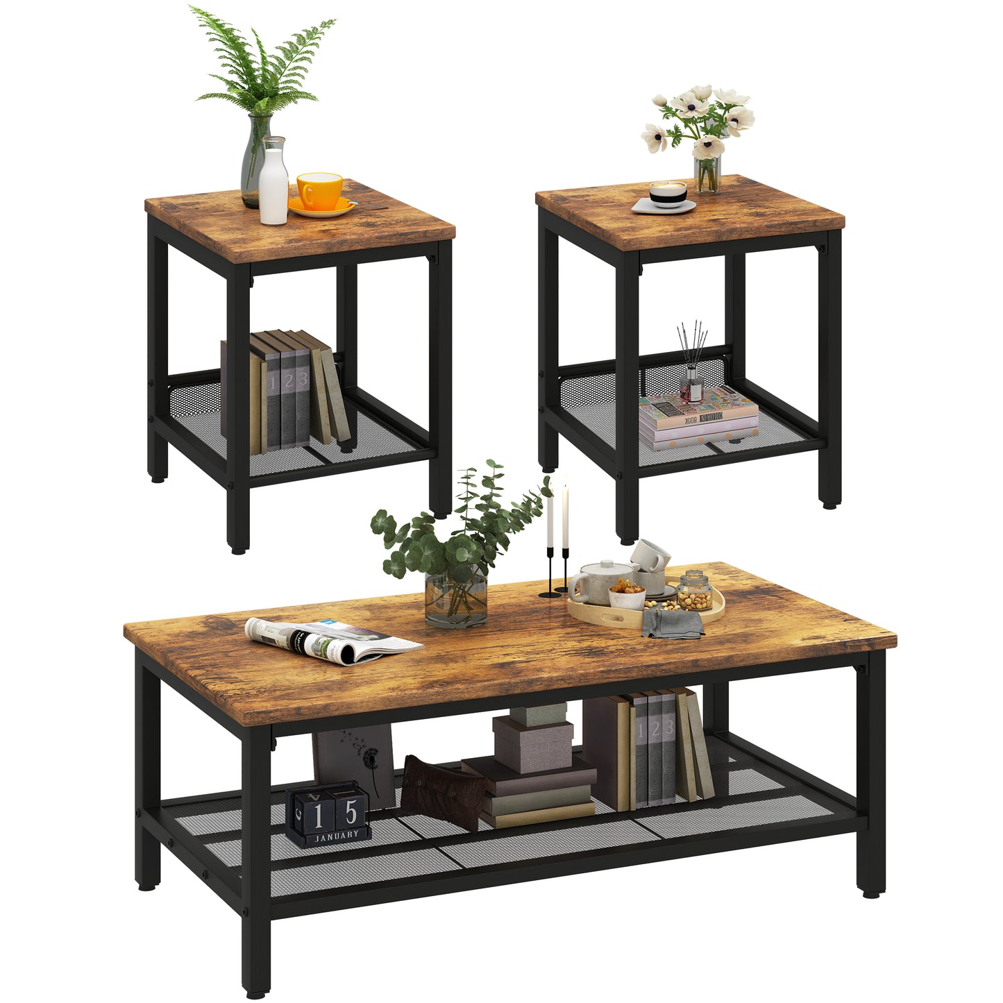 MIERES 3 Pieces Living Room Table Set,Industrial Coffee Table with 2 Square End Side Tables,Coffee Table Set with Metal Frame for Apartment Home Office