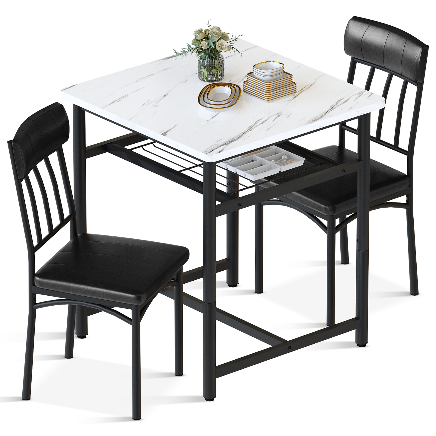 MIERES Square Dining Table Set for 2,Compact Bistro Table with Upholstered Chairs, Space Saving Kitchen Breakfast Nook, Built-in Storage Rack 3-Piece Modern Dining Set for Kitchen&Dining