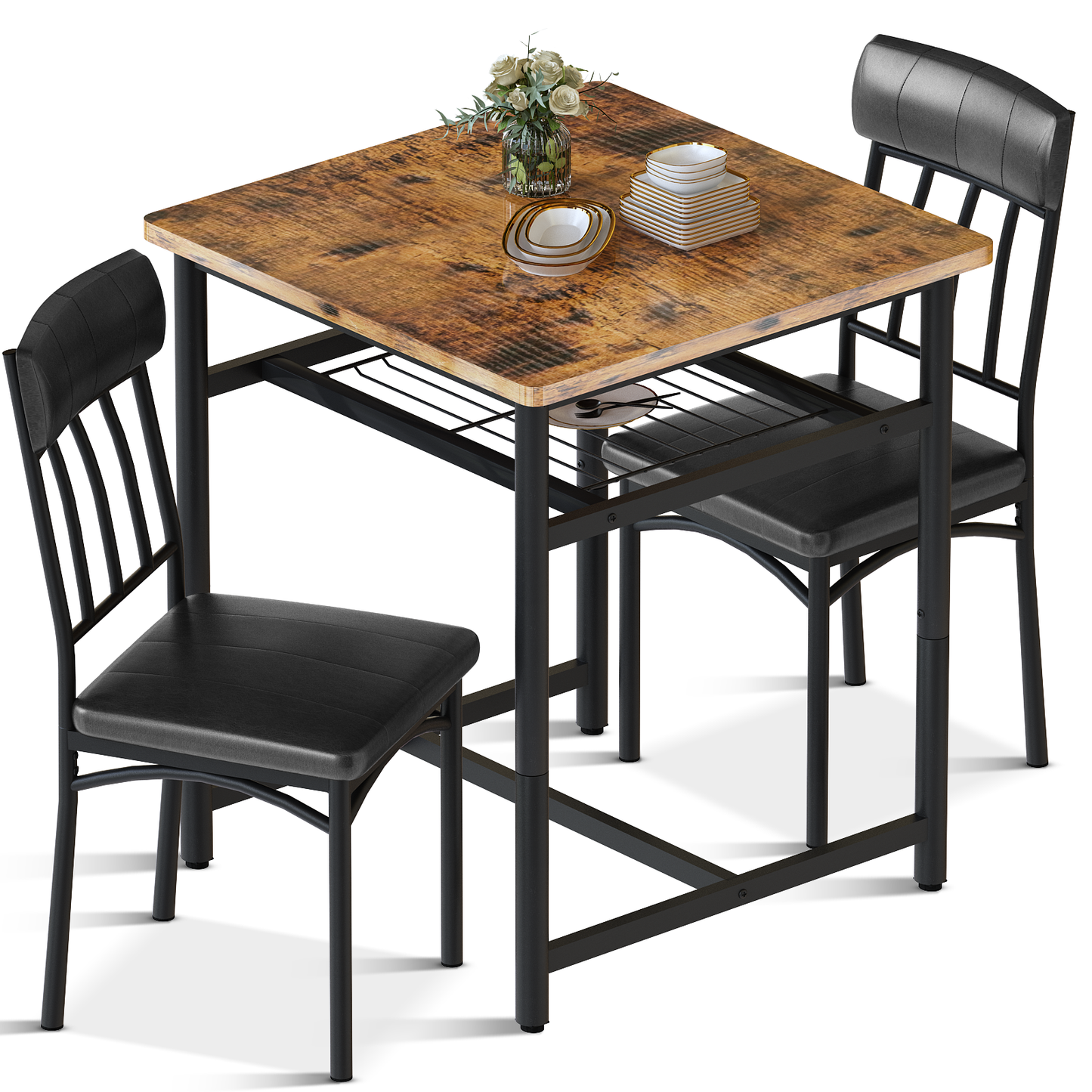 MIERES Square Dining Table Set for 2,Compact Bistro Table with Upholstered Chairs, Space Saving Kitchen Breakfast Nook, Built-in Storage Rack 3-Piece Modern Dining Set for Kitchen&Dining