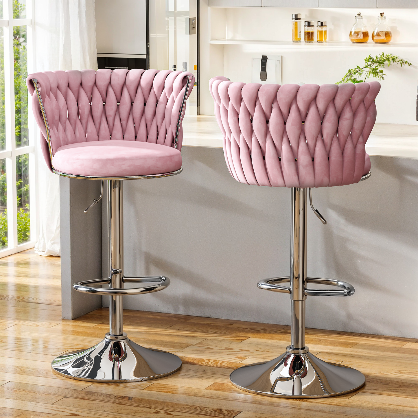 Mieres Velvet Bar Stools Set of 2/4, Adjustable Height Swivel Pub Chairs with Woven Back, Counter Height Dining Chairs with Footrest, 360° Rotating Kitchen Island Stools for Home & Bar