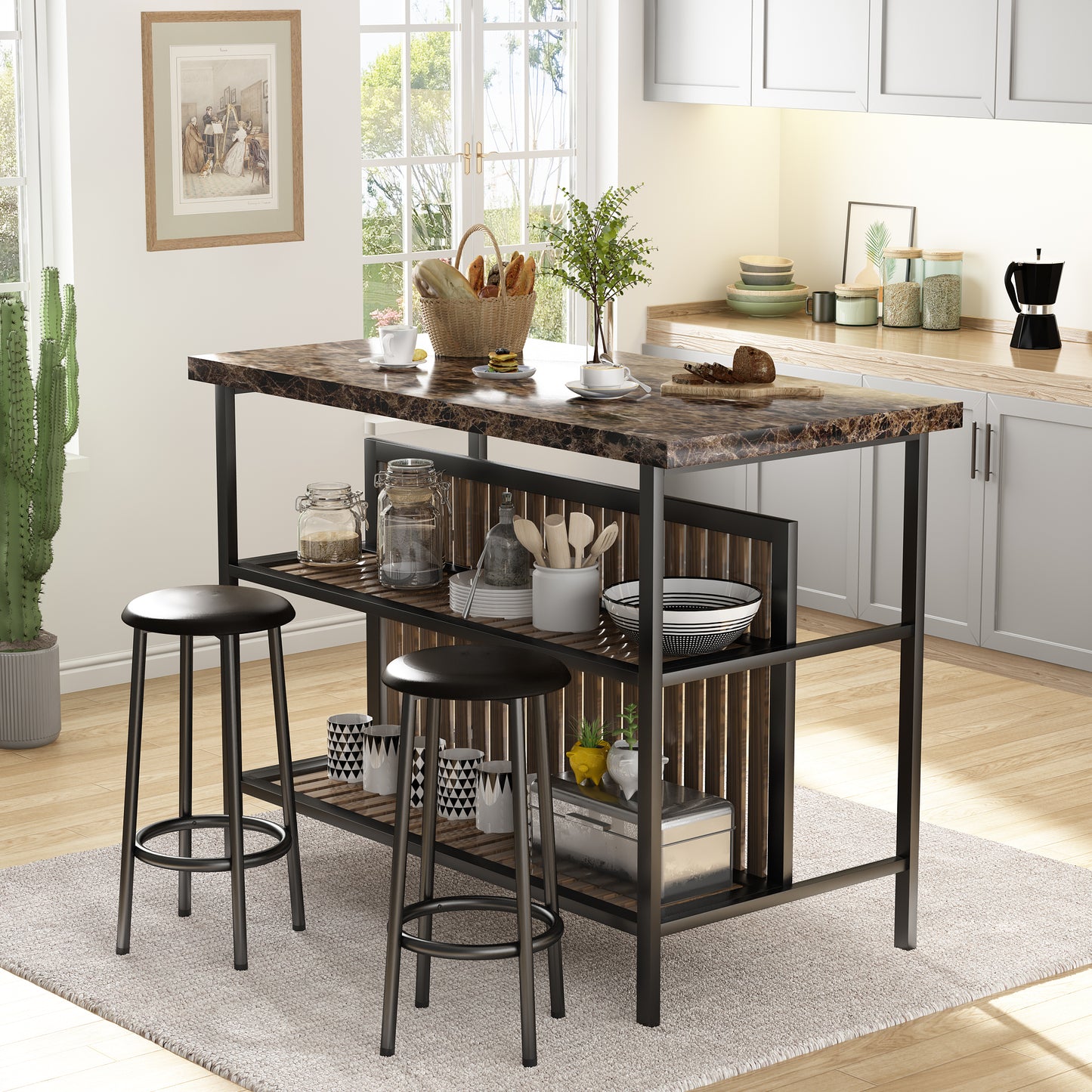 MIERES 48in Dining Table for 4-6, Dining Leisure Table with Storage Shelves, 1.8" Thick Top, Scratch-Resistant, Natural Wood Finish, Multi-Use for Dining Room Kitchen Office, Wood Finish