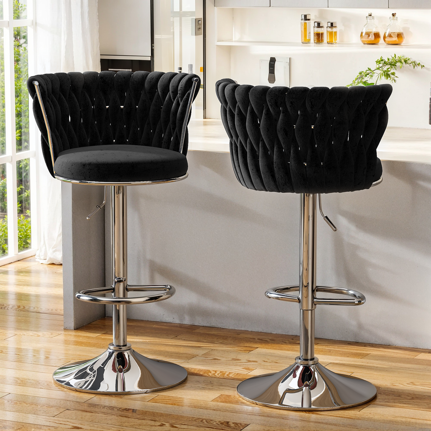 Mieres Velvet Bar Stools Set of 2/4, Adjustable Height Swivel Pub Chairs with Woven Back, Counter Height Dining Chairs with Footrest, 360° Rotating Kitchen Island Stools for Home & Bar