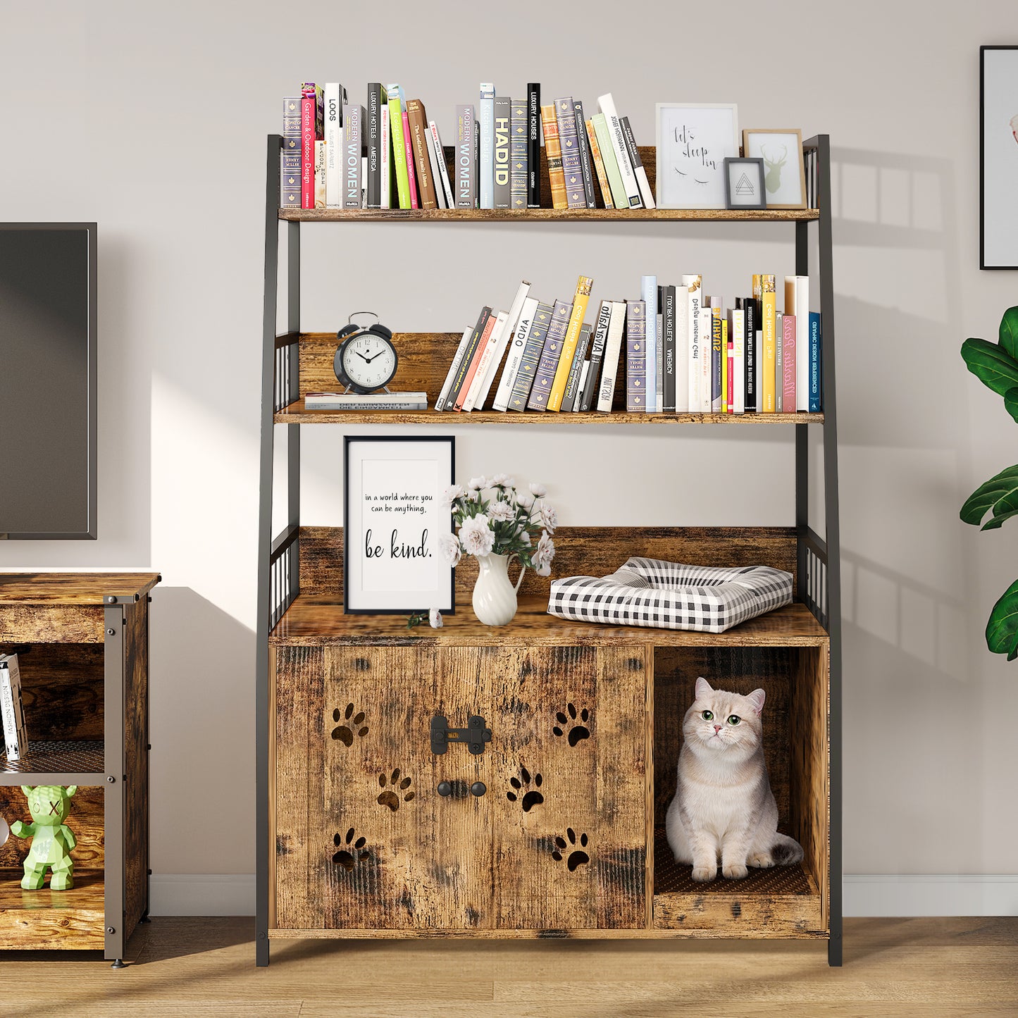 MIERES Large Cat Litter Box Enclosure with Shelf Storage, Hidden Cat Washroom Furniture, Wooden Cat House with Scratch Pad, Sturdy Indoor Cat Cabinet with 2 Doors, Rustic Brown